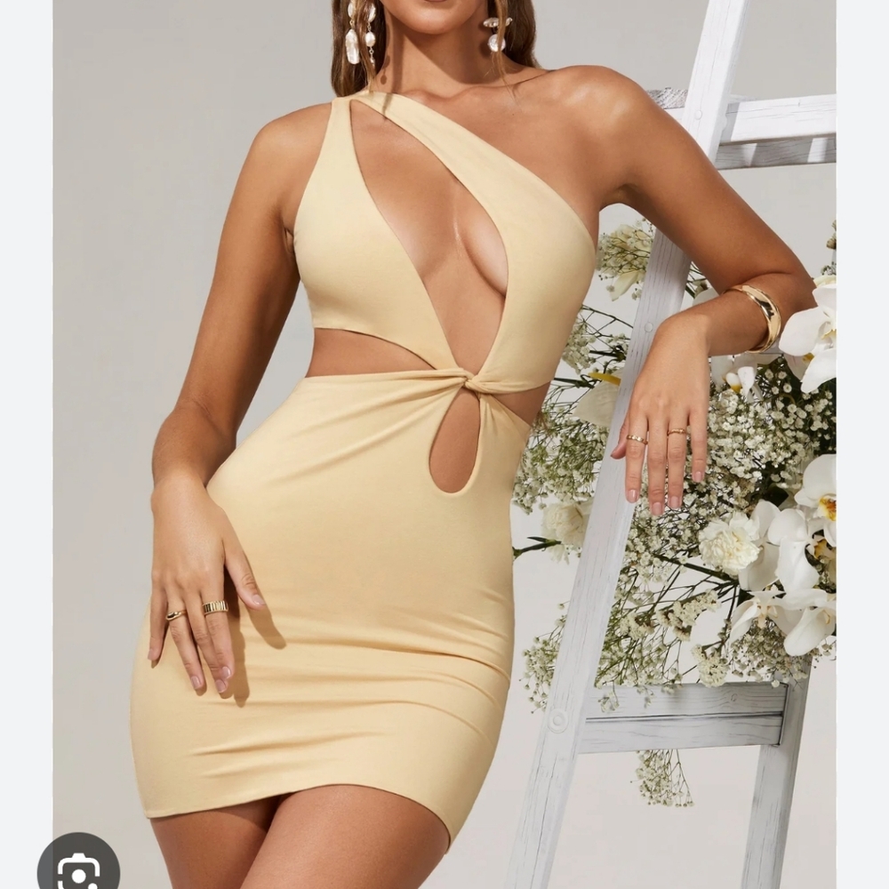 Oh Polly Beige One-Shoulder Dress